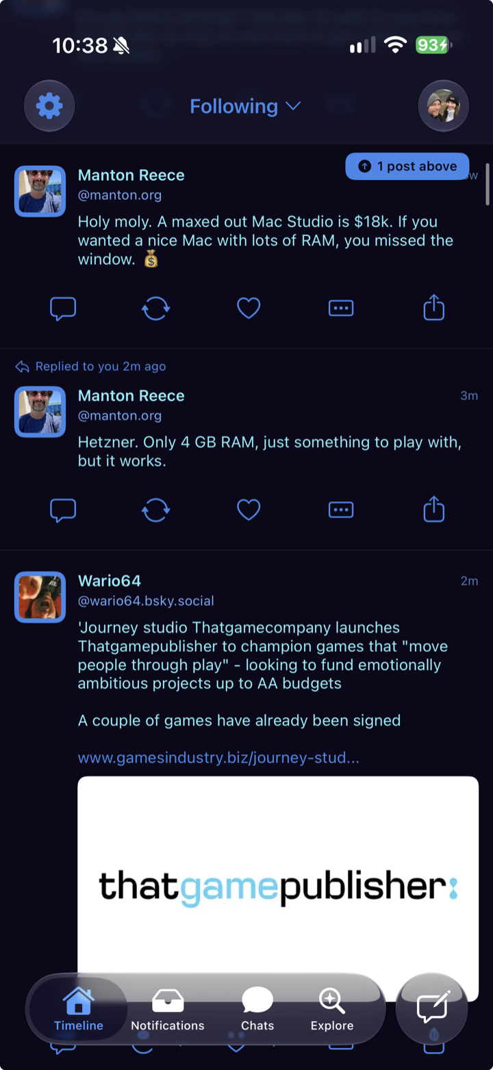 The Skyscraper timeline on iPhone, showing the Following feed in the Midnite theme